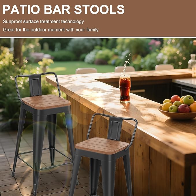 HAOBO Home 24" Outdoor Barstools Patio Stool Metal Bar Stools Set of 4 Counter Height Barstools with Wood Plastic Seat Industrial Bar Chairs Metal Kitchen Stools