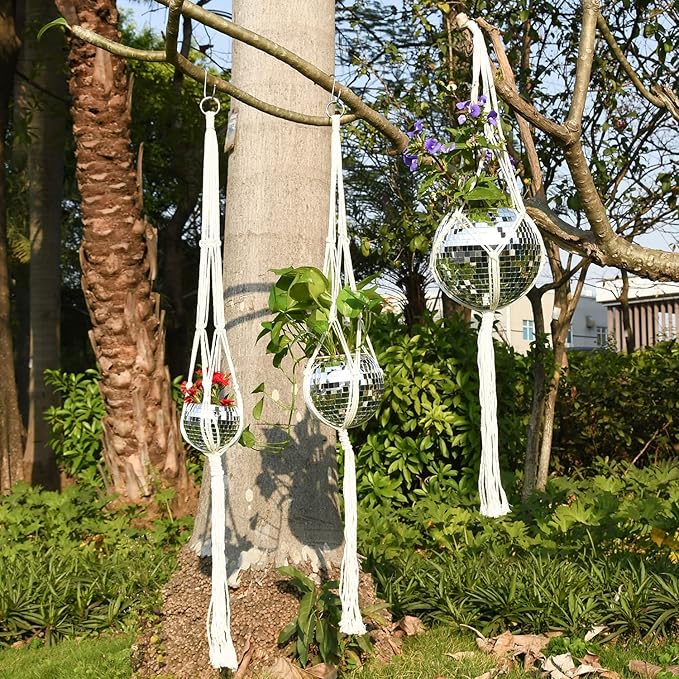 Disco Ball Planter, 8" Silver Disco Ball Planter, Disco Ball Plant Hanger with Hanging Rope, Hanging Chain, Hook, Circle and Extra Mirror Pieces