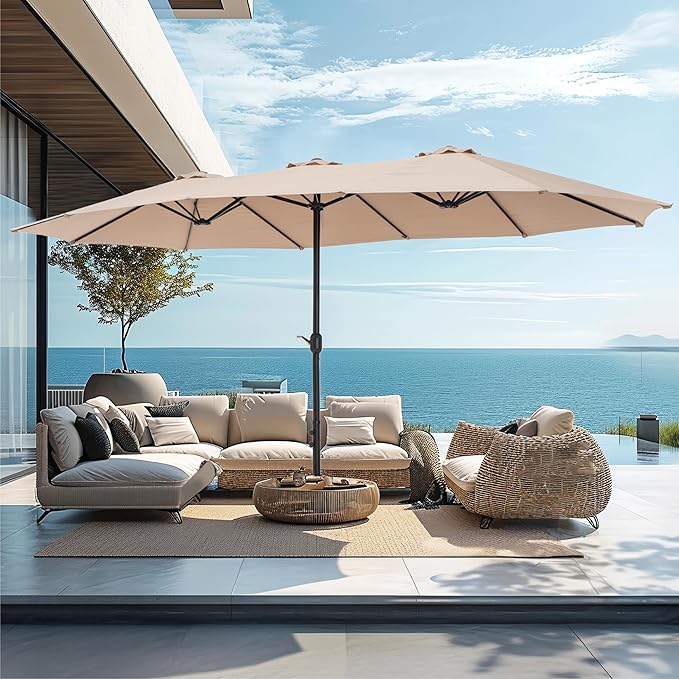 PHI VILLA 15ft Large Patio Umbrellas with Base Included, Outdoor Double-Sided Rectangle Big Market Umbrella with Stand, Outside Umbrellas for Poolside Lawn Backyard, Beige