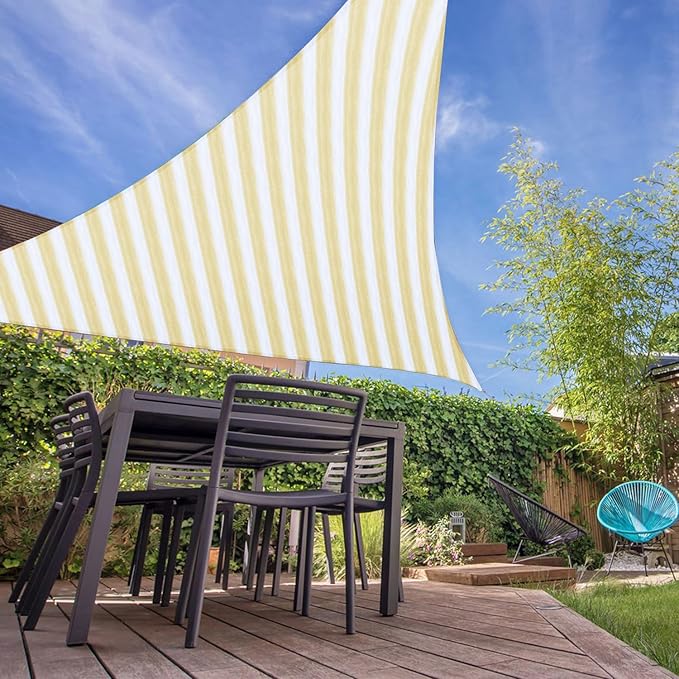 E&K Sunrise 10' x 10' x 10' Sun Shade Sail Triangle Canopy Shade Cover UV Block for Patio Backyard Garden Outdoor (Beige White Strip)