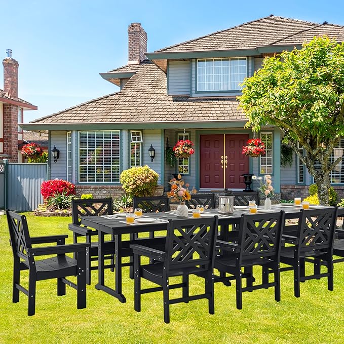 HDPE Dining Table Set for 10,12-Piece Outdoor Table and Chairs Include 10 Dining Chairs and 2 Pcs 62.5" Patio Dining Table with Umbrella Hole (Black)