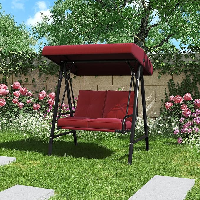 AECOJOY 2-Seat Outdoor Patio Swing Chair with Adjustable Canopy, Porch Swings Chairs for Adult, Outside Swing Bench with Removable Cushion, Suitable for Backyard, Garden, Yard, Poolside, Balcon, Red
