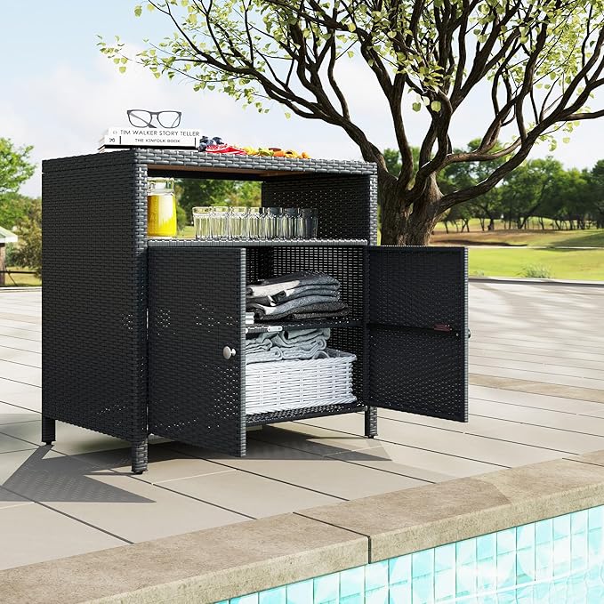 Outsunny Wicker Outdoor Storage Cabinet, Rattan Outdoor Bar Table with Acacia Wood Countertop, 2 Doors and Shelf, Buffet Cabinet Sideboard for Poolside, Garden, Patio, Backyard, Black