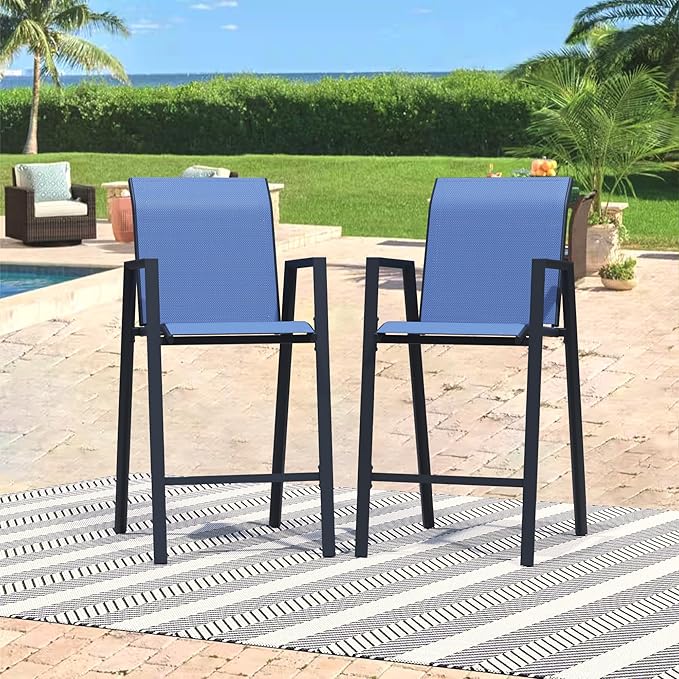 Outdoor Bar Stools Set of 2, 44'' Patio Bar Chairs with Textile High Back, Bar Height Chairs with Straight Armrest and Footrest, Blue