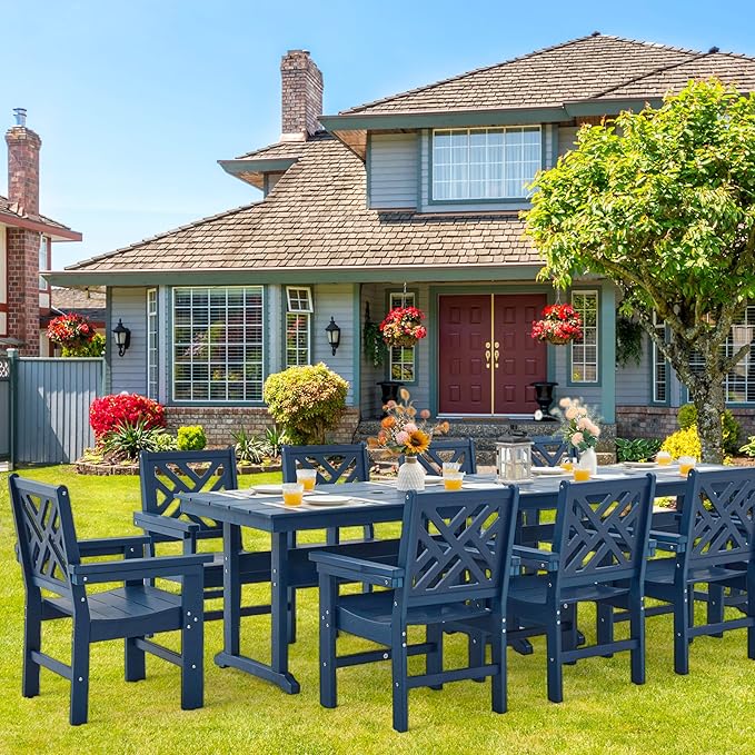 HDPE Dining Table Set for 10,12-Piece Outdoor Table and Chairs Include 10 Dining Chairs and 2 Pcs 62.5" Patio Dining Table with Umbrella Hole (Blue)