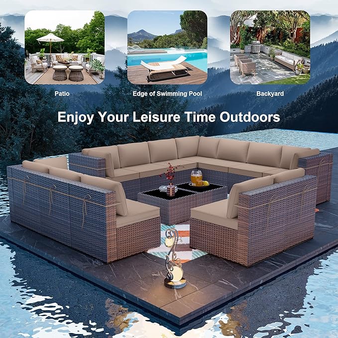 ALAULM Patio Furniture Set with Coffee Table, 14 Pieces Outdoor Sectional with Wide Seat and Thick Cushion, All Weather Wicker Rattan Conversation Set for Backyard, Garden, Deck, Sand