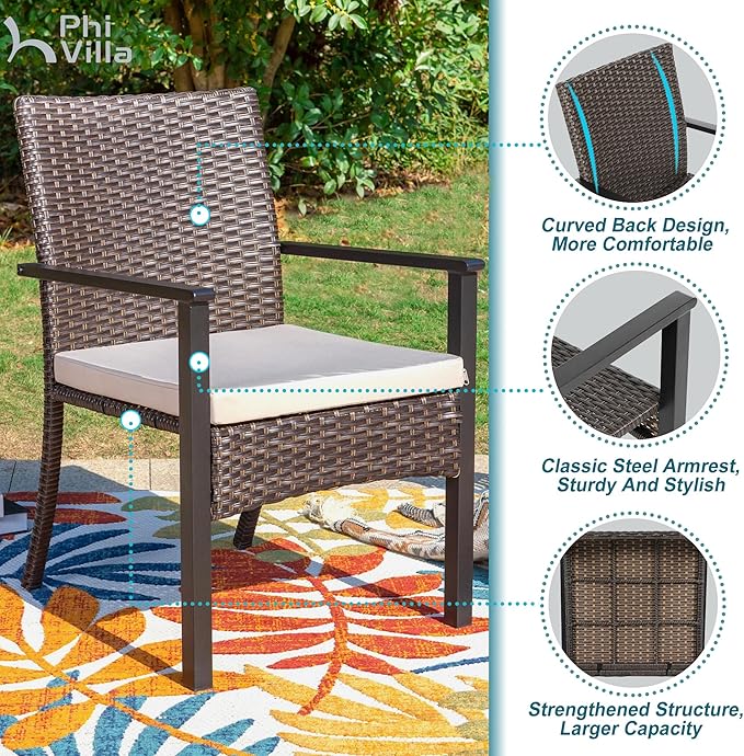 PHI VILLA 5 Pieces Outdoor Dining Set with Umbrella for 4, 37" Square Metal Polywood Table & Cushioned Wicker Rattan Chairs & 10ft Red Umbrella Furniture for Patio, Deck, Yard, Porch