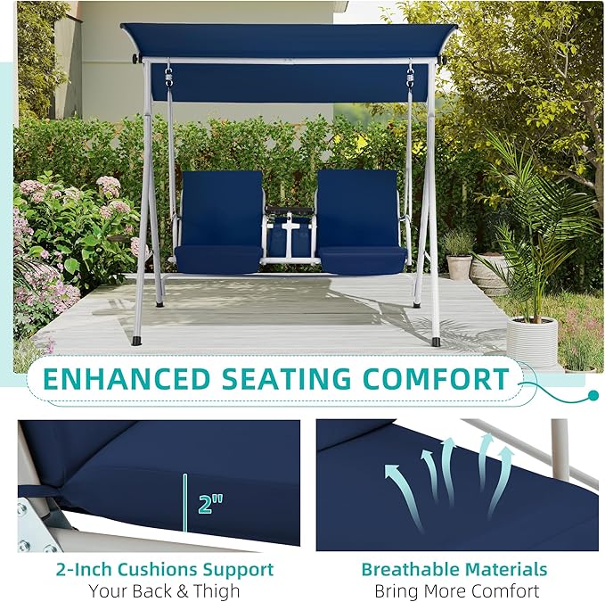HOMREST 2 Seat Outdoor Porch Swing,Patio Swing with Adjustable Canopy,Heavy Duty 650 LBS Outdoor Swing with Pivot Storage Table & 2 Cup Holders & Cushions for Yard, Lawn, Backyard (Blue)
