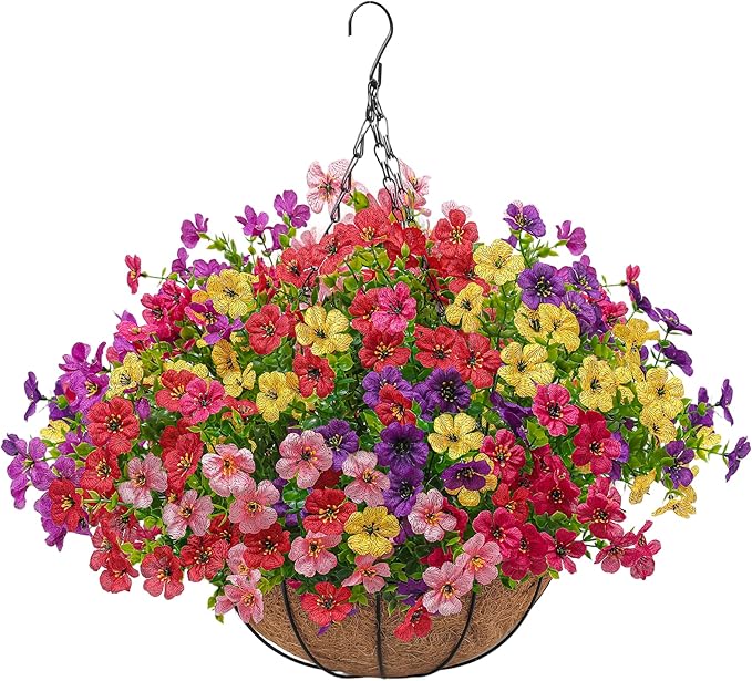 Artificial Faux Hanging Plants Flowers Basket for Outdoors Spring Summer Decoration,Hanging Planters with Fake Silk Flowers UV Resistant Realistic for Outside Porch Patio Balcony Garden (6 Multicolor)