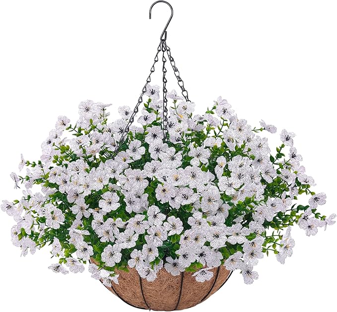 Artificial Faux Hanging Plants Flowers Basket for Outdoors Decoration,Hanging Planters with Fake Silk Daisy Flowers for Outside,UV Resistant Realistic Porch Patio Balcony Garden Yard Home Decor(White)