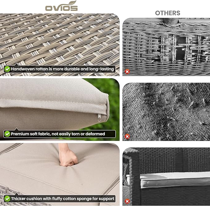 ovios 8-Piece Patio Furniture Set with L-Shape Sofa Chaise, Outdoor Sectional Couch Swivel Gliders Fire Pit Table, Modern Modular Wicker Rattan Conversation Set, Beige