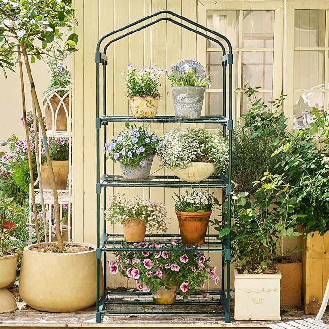 Mini Greenhouse for Indoor Outdoor,Plant Green House 4-Tier Rack Stand Portable Greenhouses with Durable PE Cover for Seedling, 2.5x1.6x5.2 FT Ideal Gardening Gifts for Women Men(PLGH704G)