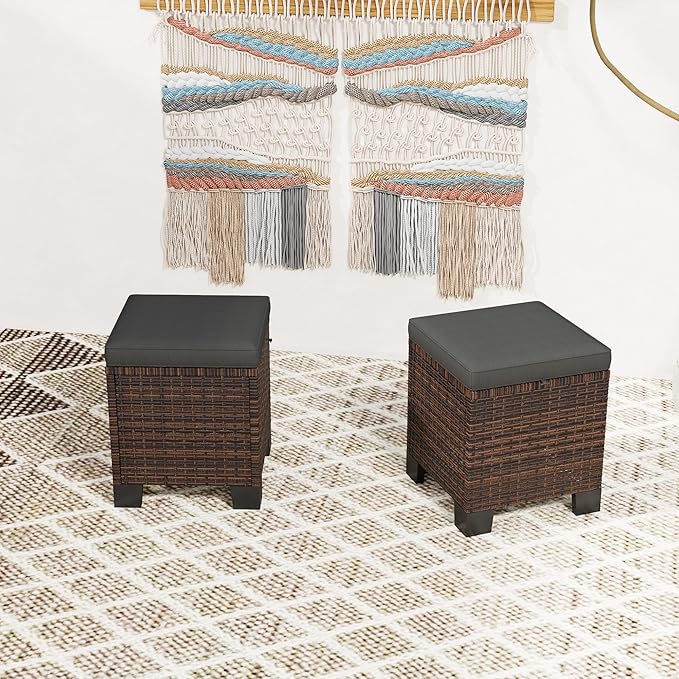 Outsunny 2 Pieces Outdoor Patio Ottomans, All Weather Wicker Outdoor Footstools with Removable Cushions, 3-in-1 PE Rattan Ottoman Seat, Footrest and Side Table for Backyard, Poolside, Gray