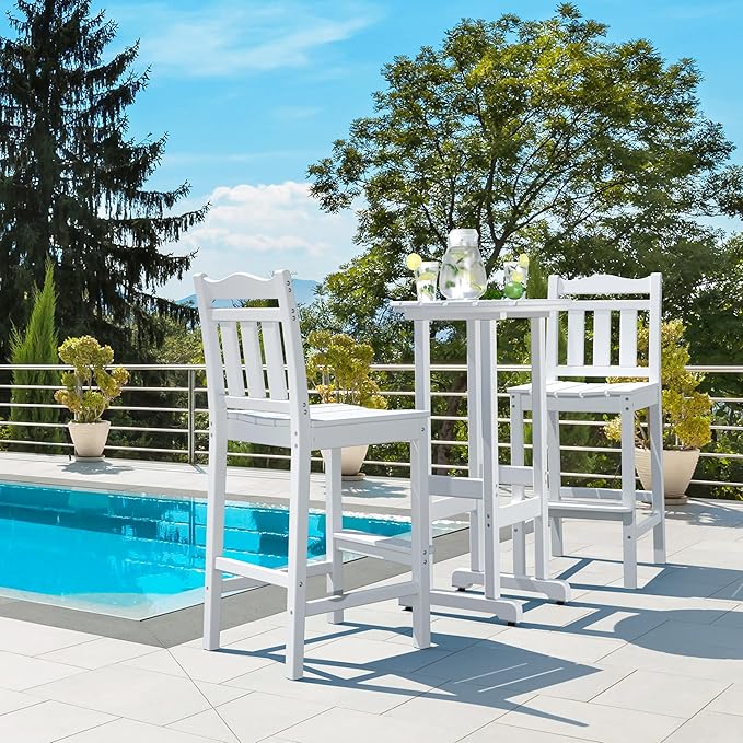 nalone Outdoor Bar Chairs and Table Set, HDPE Balcony Adirondack Chairs and Table 3 Pieces Set, Outdoor Bar Stools Set for Garden, Yard, Backyard (White, Bar Chairs with Table)