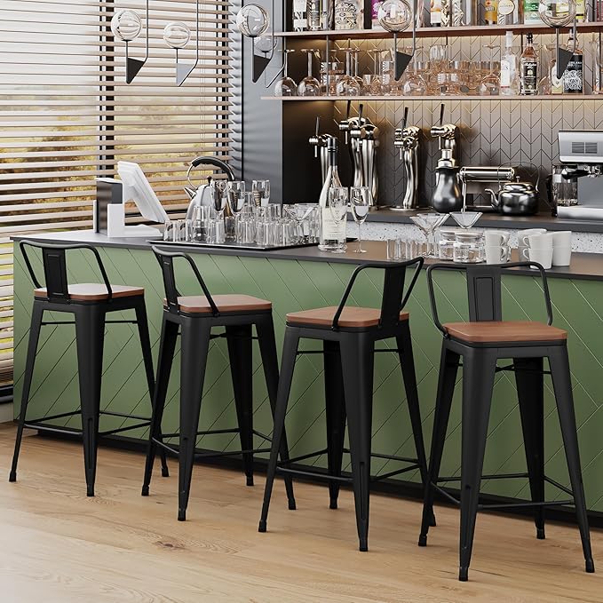 Yongchuang 26" Metal Barstools Set of 2 Counter Bar Stools with Wood Top Low Back Matte Black