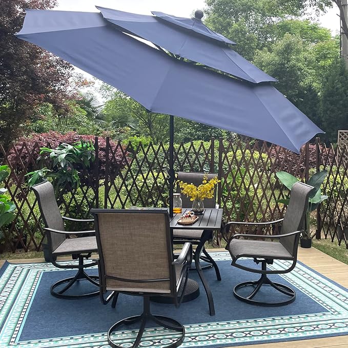 PHI VILLA Patio Table and Chairs Dining Set with Umbrella for 4, Outdoor Dining Set with 4 Swivel Patio Chairs, 1 Square Metal Dining Table and 10ft Navy Blue Large Patio Umbrella (No Umbrella Base)