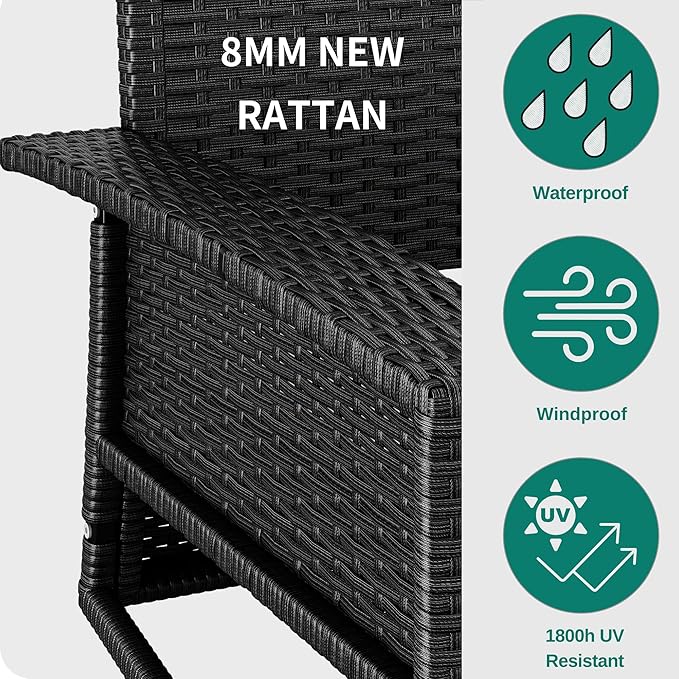YITAHOME 3-Seats Outdoor Hanging Porch Swing Chair Rattan Black Wicker Patio Swing Chair with Swing Lounge 3 Light Brown Back Cushions Capacity for Garden, Balcony, Courtyard, Gazebo, Porch