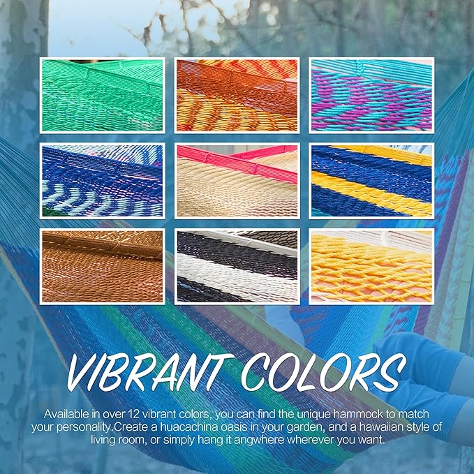 PNAEUT Handwoven Mayan Hammocks for Outside, Handwoven Thick Soft Rope Double Hammocks for Outdoor Indoor, Max 600 lbs Capacity, Tree Straps, Carabiners & Carrying Bag Included (Tropical, X-Large)