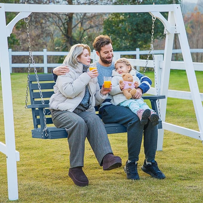 KINGYES Outdoor Hanging Porch Swing Set of 4, 2 Seat Patio Chair With Cup Holders, Waterproof Bench for Courtyard & Garden, 660LBS Weight Capacity, Blue