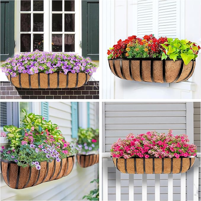 30 Inch Window Deck with Coco Liner, 30" Window Boxes Horse Trough with Coconut Coir Liner, Fence Metal Hanging Flower Planter Window Basket Deck Railing Planter Boxes for Outdoor Garden Lawn, 4pcs