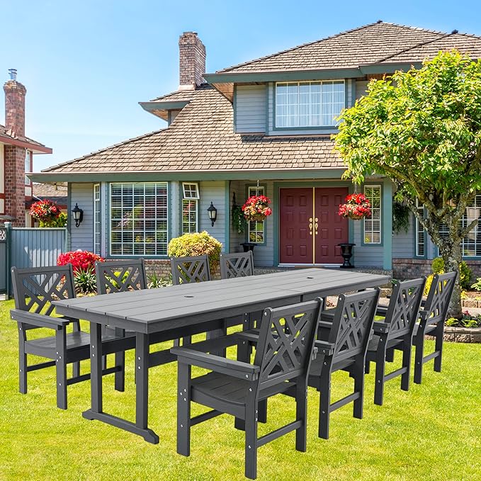 HDPE Dining Table Set for 8,10-Piece Outdoor Table and Chairs Include 8 Dining Chairs and 2 Pcs 62.5" Patio Dining Table with Umbrella Hole (Gray)