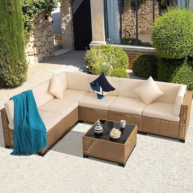 KIGOTY Patio Furniture Set,7 Pieces Modular Outdoor Sectional Sofa, PE Rattan Patio Conversation Set, All Weather Wicker Patio Furniture with Cushions and Coffee Table(Yellow/White)
