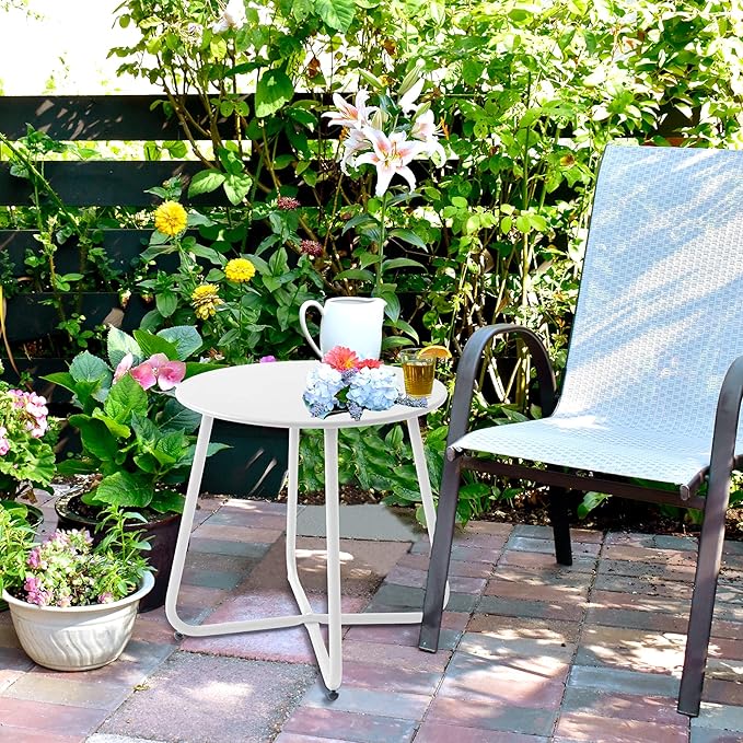 Outdoor Table Small Patio Side Table Waterproof Round Metal Side Table Weather Resistant Portable Outdoor and Indoor End Table for Garden, Balcony, Yard (White)