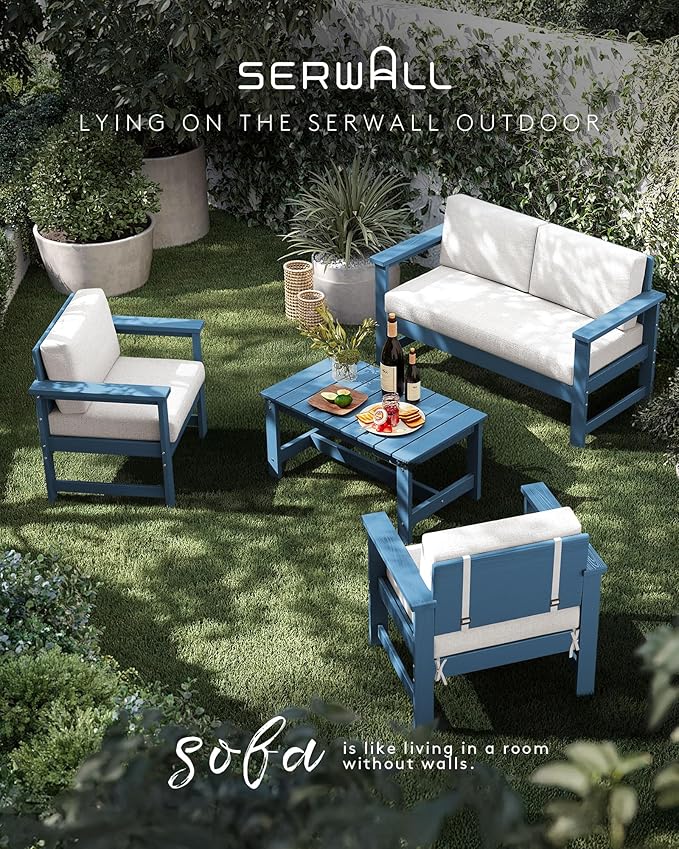 SERWALL 4 Pieces HDPE Outdoor Sofa Set with Cushions, All Weather Use Conversation Couch Set, Outdoor Loveseat Furniture with Coffee Table for Patio, Blue Frame with Khaki Cushions
