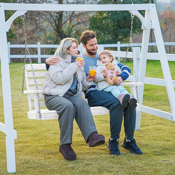 KINGYES Outdoor Hanging Porch Swing Set of 4, Waterproof Swing with Cup Holders for Courtyard & Garden, 660LBS Weight Capacity, White