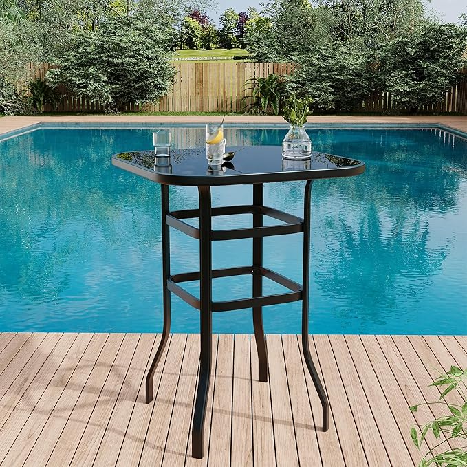 3 PCS Patio Swivel Bar Stools Set, 3 Piece Swivel Outdoor Table and Chairs Bar Set, All Weather Textile Fabric Outdoor High Stool Bistro Set with High Glass Bar Table for Lawn, Garden, Balcony