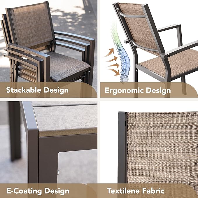 Devoko Patio Dining Set 7 Piece Outdoor Furniture with Rectangular Table and 6 Stackable Chairs Family Conversation Set for Garden Backyard Deck (Brown)