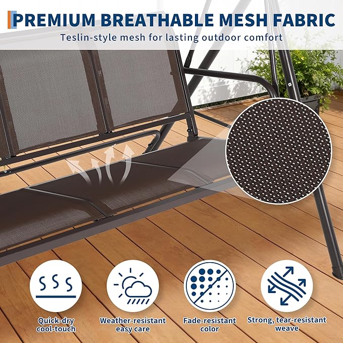 3-Seat Outdoor Patio Porch Swing with Stand, Waterproof Textilene & Adjustable Canopy, Steel Frame Swing Outdoor Chair for Backyard, Front Porch, Lawn, Garden