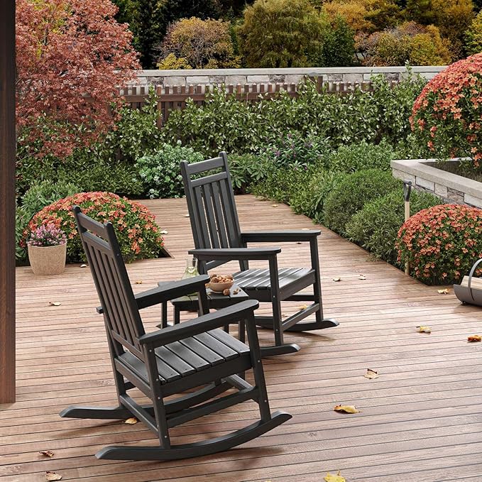 HDPE Rocking Chair Outdoor Set of 2 with Side Table - Poly High Back Porch Rocker Chairs for Adults - All Weather Resistant Furniture for Patio Front Porch - Black