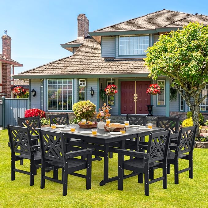 HDPE Outdoor Dining Set,10-Piece Outdoor Table and Chairs Include 8 Dining Chairs and 2 Pcs 62.5" Patio Dining Table with Umbrella Hole (Black)