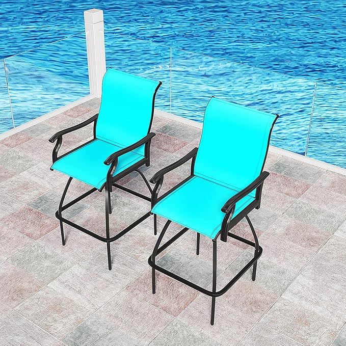 LEVELEVE Patio Bar Set 4pcs Swivel Bar Stools Outdoor Bistro Textilene Furniture Stability All-Weather Set (Lake Blue Fabric)