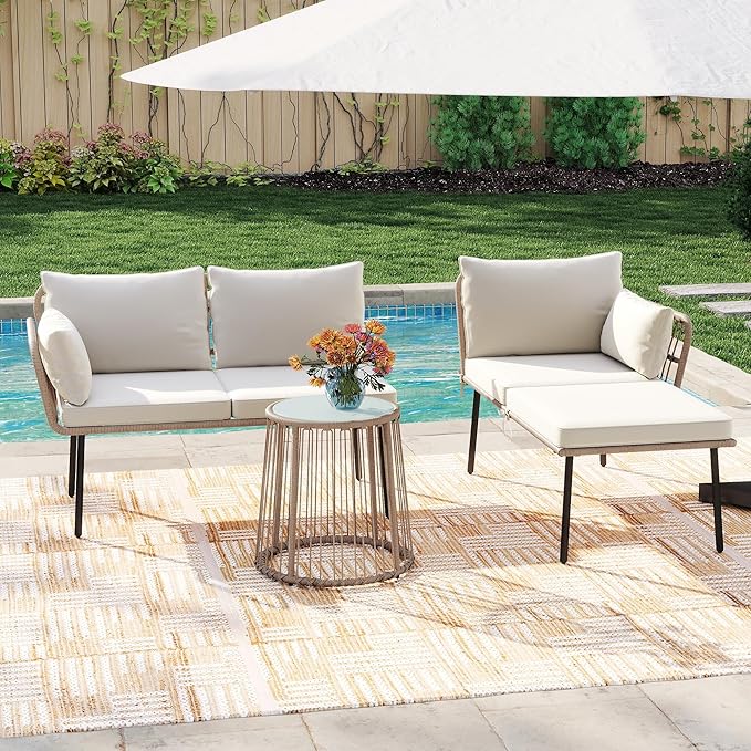 YITAHOME 3 Piece Patio Furniture Set Wicker Patio Sectional with Removable Cushions and Coffee Table All-Weather L-Shaped Sectional Conversation Sofa Set Outdoor Furniture Set for Backyard Porch