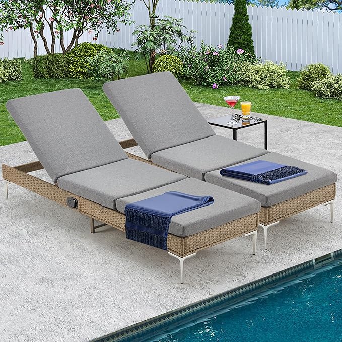 HOMREST Outdoor Chaise Lounge Chair Set of 2, Rattan Pool Sunbathing Recliner with Adjustable Backrest, Patio Wicker Lounge Chairs with Removable Cushion (Grey)