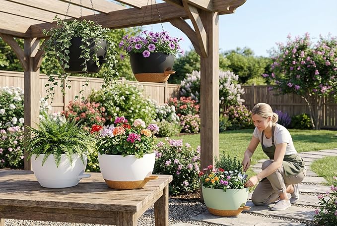 Hanging Planters, 3-Pack 10 Inch Self-Watering Pots with Drainage Holes and Chains, Matte Plastic Planters for Indoor/Outdoor Plant(White Brown)