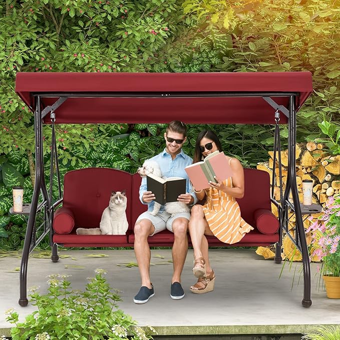 HOMREST 3 Seat Outdoor Porch Swing with Adjustable Canopy, Convertible Patio Swing Bed with Stand, Patio Glider Swing with Upgraded Cup Holder, Thicken Cushions & Pillow for Backyard (Wine Red)