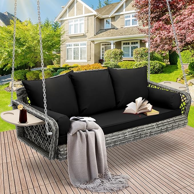 Outdoor Wicker Patio Porch Swing - 3 Person Swing Outdoor Hanging Porch Swing Seat Bench with Chains for Yard, Deck, Garden (Grey Rattan Black Cushion)