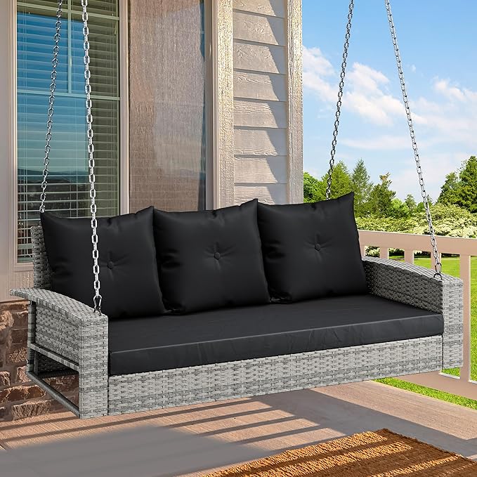 YITAHOME 3-Seats Wicker Hanging Porch Swing Chair Outdoor Gray Rattan Patio Swing Lounge 3 Back Cushions Capacity for Garden, Balcony, Gray Rattan Black Cushion