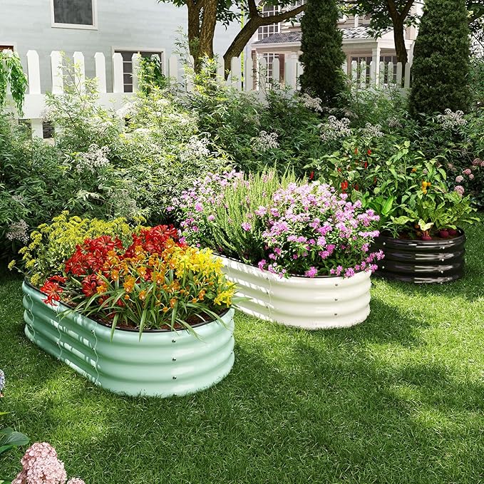 Galvanized Metal Planter Round Raised Garden Bed Kit for Gardening Outdoor,2x2x1ft 2pc Grow Garden Box Raised Flower Bed,Round Galvanized Planter Outdoor Metal Fire Pit Ring White
