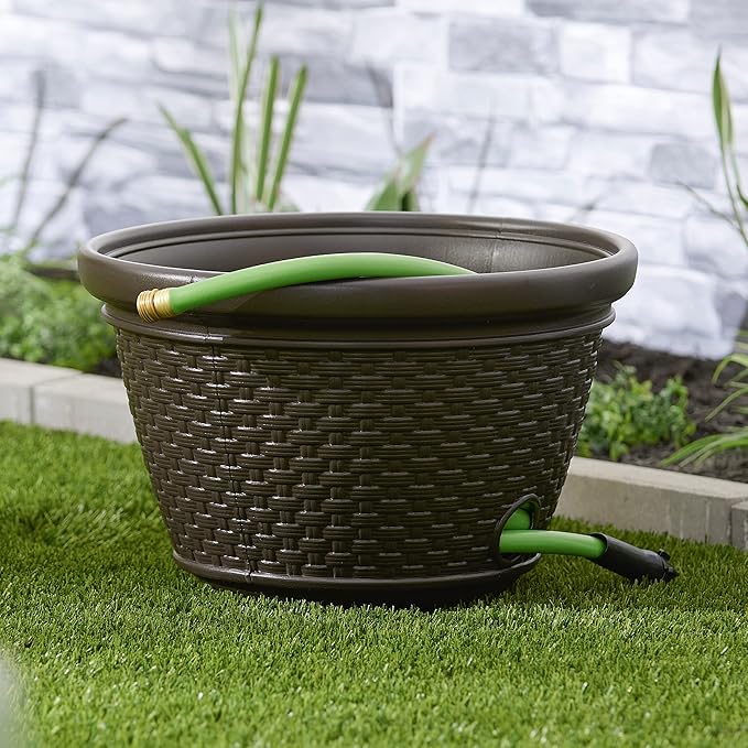 Suncast 6 Pack Decorative Wicker Garden Hose Holder Pot with 4 Drain Holes for 100 Foot Hoses, Java