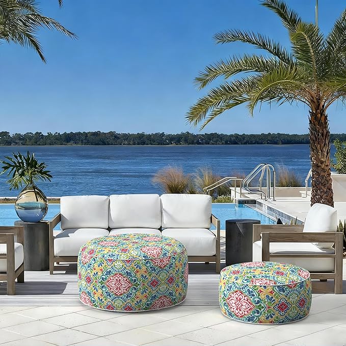 LVTXIII Indoor/Outdoor Inflatable Ottoman with Handle D21 x H9 Inch, Weather-Resistant Round Footstool Pouf for Patio Camping Living Room, Portable Footrest Extra Seating, Damask Red