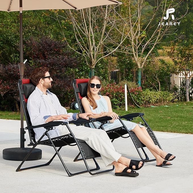JEAREY Oversized Padded Zero Gravity Chairs, Folding Lounge Chair Outdoor Patio Recliner, Anti Gravity Chair for Backyard with Headrest, Cup Holder, Side Tray, Polyester Mesh - Black/Red