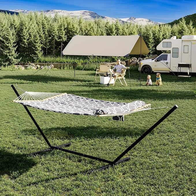 2 Person Outdoor Hammock with Stand, Portable Hammock, Heavy Duty Hammock with Soft Pillow, Balance Ropes, for Patio, Backyard, Garden, Beach, Stripe