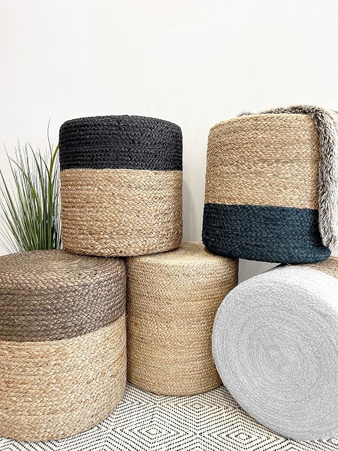 S & L Homes Pouf Ottoman - 100% Jute Braided Footrest Pouf Hand Knitted Traditional Cord Boho Pouffe for Living Room, Bedroom, Nursery, Patio, Lounge Colorblock - Natural Brown (16”x16”x16”)