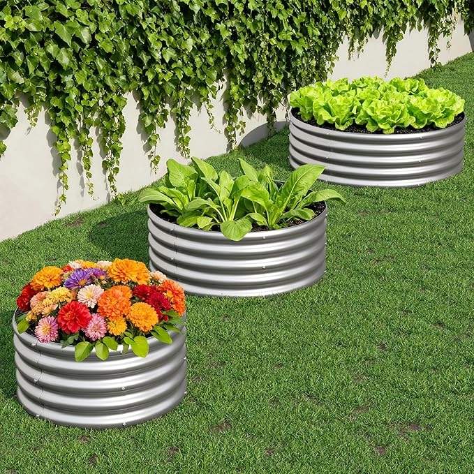 3PCS 3x3x1FT Galvanized Raised Garden Bed Kit,Vegetable Boxes-Round Metal Flower Box,Large Planter Raised Beds Outdoor Garden for Planting,Fruit,Herb-Silver