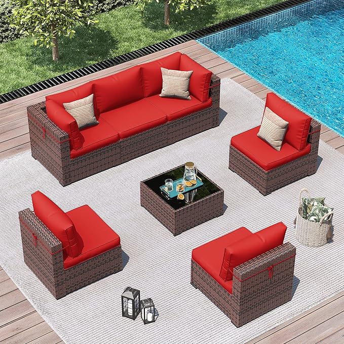 Amopatio Patio Furniture Set 7 Pieces Patio Conversation Set Outdoor Sectional Wicker Rattan Sofa with All-Weather Cover, Patio Furniture with Pillows Fits Porch Garden Backyard Balcony(Red)