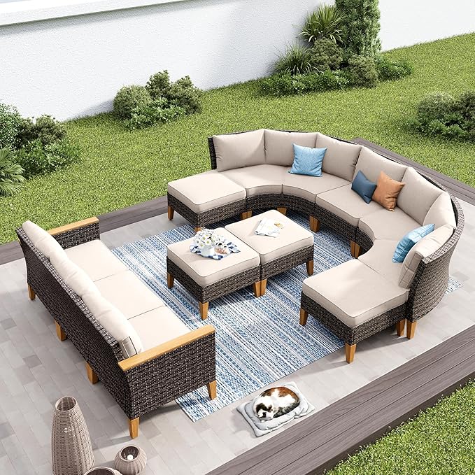 PHI VILLA 10-Piece Wicker Patio Furniture Set, Outdoor Half-Moon Curved Sectional Sofa with 4 Ottomans, 2 One Armrest Seats, 1 Armless Sofa, Large Conversation Seating for Garden or Backyard,Beige